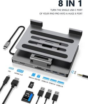 slomart iPad Pro USB C Hub Stalak, Adapter za iPad Pro M5 M3 M4 13 12.9 11 inčni iPad Air Priključna stanica 4K HDMI, PD, SD/TF, 3 USB, Audio, iPad Dodaci