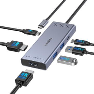 slomart Melelink USB C Hub Dual HDMI - Adapter za 2 monitora, 4K@60Hz, 3xUSB, PD 100W, za MacBook, Dell, HP, Lenovo, Surface