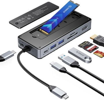 slomart ORICO 8-u-1 USB C priključna stanica s M.2 SSD kućištem - 10Gbps, 4K HDMI, 100W PD, SD/TF čitač, 15cm kabel - OM28P