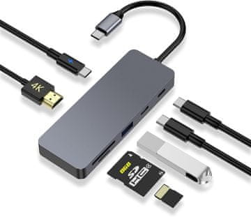 slomart USB C hub 7 u 1 - 4K HDMI, 100W PD, USB-C 3.2, USB 2.0, SD/Micro SD čitač za MacBook, laptop, tablet, Switch, OTG uređaje