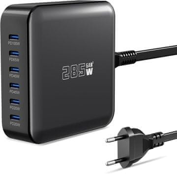 slomart 285W USB C punjač, PD 100W + 65W, 6-portni GaN-III brzi punjač. Kompatibilan s MacBook, Dell, iPhone, Samsung, Xiaomi, iPad, Steam Deck.