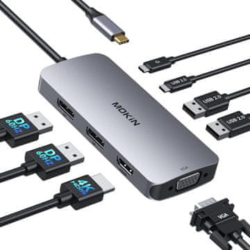 slomart Priključna stanica Dual DisplayPort 8-u-1: 2xDP, HDMI, VGA, USB-C, USB 2.0, PD 100W. Višekranski USB C adapter za Surface/HP/Lenovo.