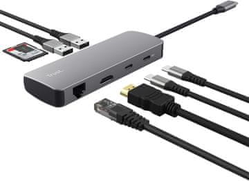 slomart Vjerujte Vylor 8-u-1 USB C Hub: HDMI 4K60Hz, Gigabit Ethernet, čitač kartica, USB-C, USB-A, 100W punjenje. Kompaktna priključna stanica za PC/Mac