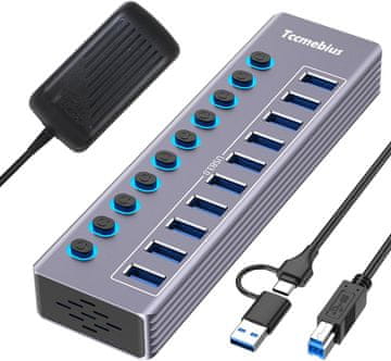slomart USB Hub 3.0 10-portni s napajanjem 36W (12V/3A) - 2-u-1 (USB A/C) s LED prekidačima, 100cm kabel, za MacBook/PC - aluminij siva