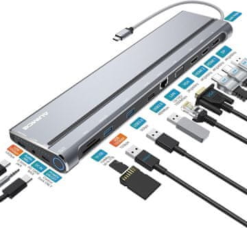 slomart USB C priključna stanica za laptop - Dvojni monitor 2 HDMI, 14 u 1, Trostruki zaslon, 4K/60Hz, DP, VGA, Ethernet, 100W PD, SD/TF, USB 3.0