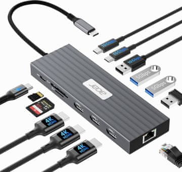 slomart Acer USB C priključna stanica 13 u 1: 3x HDMI 4K@60Hz, tri zaslona, 10Gbps USB, 100W PD, Ethernet, čitač kartica za laptop.