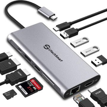 slomart UtechSmart USB C Hub 12 u 1 - Trostruki zaslon (2xHDMI, DP) za MacBook i Tip C uređaje. Gigabit Ethernet, USB, SD/TF.