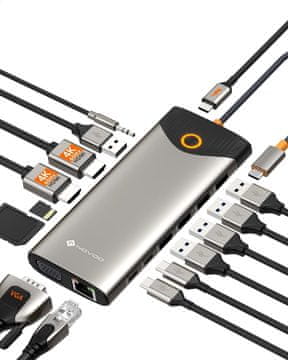 slomart NOVOO USB C priključna stanica 15-u-1: 2xHDMI 4K, VGA, USB-C/A 5Gbps, SD/TF, Gigabit Ethernet, 100W PD, gumb, za PC/MacBook.