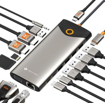 slomart NOVOO USB C priključna stanica 15 u 1 - Trostruki zaslon, 2x 4K HDMI, VGA, Gigabit Ethernet, USB-A/C, 100W PD, SD/TF, Audio za MacBook, Dell, Lenovo