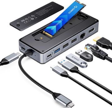 slomart ORICO 8-u-1 USB C priključna stanica s M.2 SSD kućištem - 10Gbps, 4K HDMI, 100W PD, Ethernet, za M.2 NVMe/SATA SSD, 15cm kabel - OM28PR