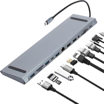 slomart USB C priključna stanica 12 u 1 - Ultra tanki USB-C hub 100W PD (2x HDMI & VGA) s 3x USB 3.0, Gigabit Ethernet, TF/SD, Audio, 2x USB-C