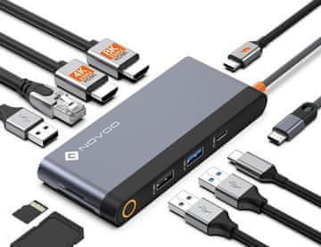 slomart NOVOO priključna stanica Dual HDMI - 8K/4K, Gigabit Ethernet, USB C/A, PD 100W, SD/TF čitač za MacBook, Dell, HP - 40cm kabel