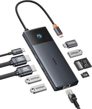 slomart Baseus 10-u-1 USB C priključna stanica - 10 Gbps, 4K@120Hz, 2x HDMI, 2x USB-C, 3x USB-A, Gigabit Ethernet, SD/TF, 100W PD za MacBook/PC