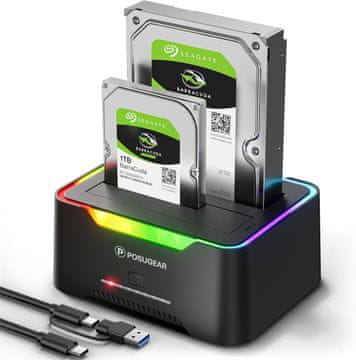 slomart POSUGEAR priključna stanica za HDD, RGB USB 3.0, za 2.5/3.5" SATA HDD/SSD, dva diska do 2x20TB, kloniranje bez povezivanja, UASP.