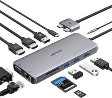 slomart MOKiN 12-u-2 USB C priključna stanica za MacBook: Dual HDMI, VGA, Ethernet, 100W PD, USB-C, SD/microSD adapter za MacBook Pro/Air