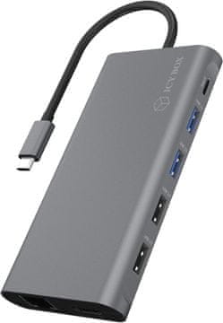 slomart ICY BOX USB-C priključna stanica (12-u-1) za 3 monitora (2x HDMI i 1x DP) 4K 60Hz, 3x USB 3.0, 100W PD, Gigabit Ethernet, čitač kartica