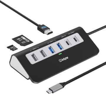 slomart USB C Hub 9-u-1: 4K HDMI, PD 100W, USB-C, 2x USB 3.0, 2x USB 2.0, SD/TF čitač - Crna priključna stanica za MacBook/iPad