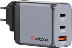 slomart Verbatim GaN punjač 65W - 3x USB-C, 1x USB-A. Brzo punjenje za MacBook, laptop, iPad, iPhone, Samsung. Više utičnica, adapter za napajanje.