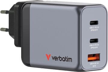 slomart Verbatim GaN punjač 65W - 3x USB-C, 1x USB-A. Brzo punjenje za MacBook, laptop, iPad, iPhone, Samsung. Više utičnica, adapter za napajanje.