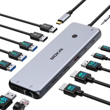 slomart USB C priključna stanica Dual Monitor 13 u 1 - Triple Display, 2 HDMI, DP, 100W PD, 6 USB, Ethernet, Audio, za MacBook/Dell/HP