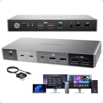 slomart KVM preklopna priključna stanica za 2 računala, 4K dual monitor, EDID, 2 HDMI, USB A/C, 15W punjenje, audio, USB C MST za gaming i ured