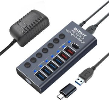 slomart Premium aluminijski USB 3.0 Hub - WLXKJY 7-u-1, 36W napajanje, 4x USB 3.0, 3x punjenje, PD brzo punjenje.
