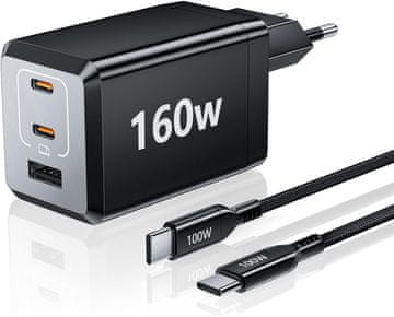 slomart 160W USB C punjač: 3-portni PPS brzi punjač, GaN adapter za MacBook, iPad, iPhone 16/15/14 seriju - brzo i sigurno punjenje.