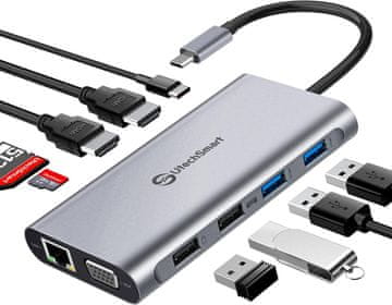 slomart USB C priključna stanica 11-u-1 za 3 monitora: 2xHDMI, VGA, Ethernet, SD/TF, 4xUSB, PD3.0. Tip C čvorište za MacBook & Windows.