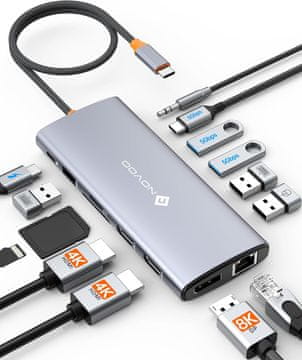 slomart NOVOO 14-u-1 priključna stanica: Dva monitora, USB C čvorište na HDMI, Displayport, Ethernet, 100W PD, USB, SD/TF, audio. Za MacBook, HP, Dell.