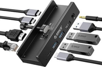 slomart ORICO 8-u-1 USB-C priključna stanica s kopčom - 4K HDMI, 100W PD, Gigabit Ethernet, 4xUSB, AUX, 10Gbps za laptop, MacBook, PC (bez adaptera)