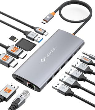 slomart NOVOO USB C priključna stanica 14-u-1 - Trostruki zaslon, 2xHDMI 4K@60Hz, DP 4K@120Hz, USB-A/C, Gigabit Ethernet, 100W PD, SD/TF, Audio (40cm)