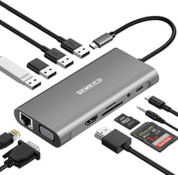 slomart 11-u-1 USB C Hub: 4K HDMI, VGA, 100W PD, USB 3.0/2.0, Ethernet, SD/TF, Audio. USB C priključna stanica za laptop, tablet & telefon.