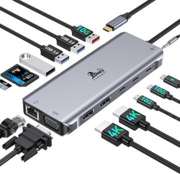 slomart USB C priključna stanica Dual HDMI - 3 Monitora! Laptop Dock 2 HDMI 4K, VGA, PD 100W, 10Gbps, Gigabit Ethernet, SD/TF, Audio za Dell, HP