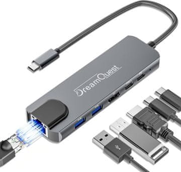 slomart DreamQuest USB-C Hub 6-u-1 - 1000Mbps, 4K HDMI, PD 100W, USB 3.2 (5Gbps) za PC/Laptop/Xbox/HDD/Flash Drive/Konzole/Printer/Tipkovnica - HP/Dell