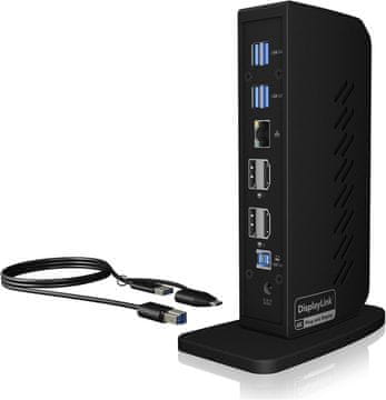 slomart ICY BOX USB-C priključna stanica (12-u-1) za 2 monitora (2x HDMI/DP), 4K 60Hz, 6x USB 3.0, DisplayLink, Gigabit Ethernet, IB-DK2252AC