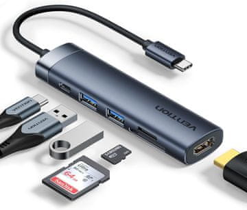 slomart VENTION USB C Hub 6 u 1 - 100W PD, 4K HDMI, USB 3.0, SD/Micro SD čitač kartica, za MacBook/Dell/HP/Lenovo - Siva