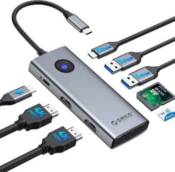 slomart ORICO USB C priključna stanica 8 u 1 s 2 HDMI - 4K@60Hz, 2 monitora, 2*USB-A, Tip-C, 100W PD, SD/TF za MacBook/Dell/Lenovo