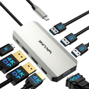 slomart WAVLINK priključna stanica za laptop - 4 monitora (Dual DP, HDMI, VGA), 100W PD, USB, za Dell/HP/Lenovo Windows laptop.