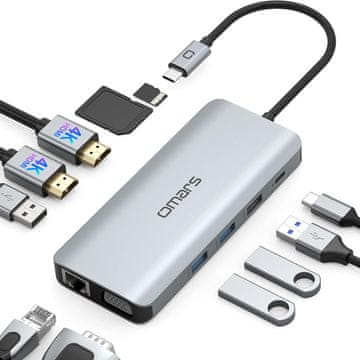slomart Omars USB C Hub s trostrukim zaslonom - Dual HDMI 4K, VGA, Ethernet, PD 100W, USB, SD/TF za MacBook, Dell, HP, Surface