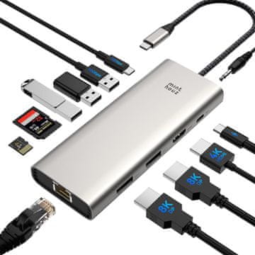 slomart Minthouz USB C priključna stanica za 3 monitora - 12 u 1, 8K, 100W PD, 2.5G LAN, za HP/Lenovo/Dell, Dvostruki DP+HDMI, B0DQ13S7DC