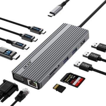 slomart Acer USB C priključna stanica 11-u-1: 4K HDMI, VGA, 2xUSB-C 10Gbps, 2xUSB-A, PD 100W, Ethernet, SD/TF za laptop, PC, tablet.