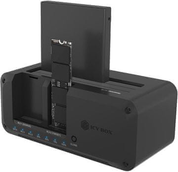 slomart ICY BOX IB-2924MSCL-C31: USB 3.2 Gen 2 priključna stanica za HDD/SSD, kloniranje (2.5"/3.5" SATA & M.2 NVMe), čitač, obostrano kloniranje.