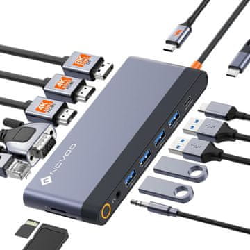 slomart NOVOO priključna stanica za dva monitora - USB C čvorište, 2x HDMI 4K 60Hz, DP, VGA, Ethernet, PD 100W, USB x5, SD/TF, audio. Za MacBook, HP, Lenovo, Dell.