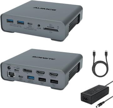 slomart 16-u-1 USB C priključna stanica s trostrukim zaslonom - 2x HDMI & DP 4K@60Hz, 8 USB, Ethernet, SD/TF, 65W za Dell/HP/Surface