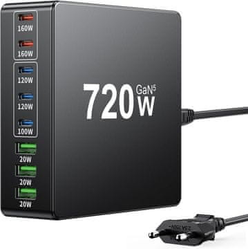 slomart 720W USB C punjač: 8-portni brzi punjač (5x USB-C, 3x USB-A) za laptop, MacBook, iPad, iPhone 16/15/14, Samsung i više. PD/PPS.