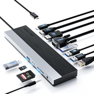 slomart WAVLINK USB-C priključna stanica za 3 monitora - HDMI, DP, VGA, 100W PD, USB3.0, RJ45, SD/TF, audio, za Lenovo/HP/Dell - Siva