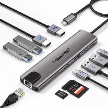 slomart Aluminijska USB C Hub - 2 HDMI, Gigabit Ethernet, 4 USB A, USB C, PD 100W, SD/TF, RJ45. Dock za MacBook, Laptop - 2 monitora, Lenovo, HP, Dell, Surface.