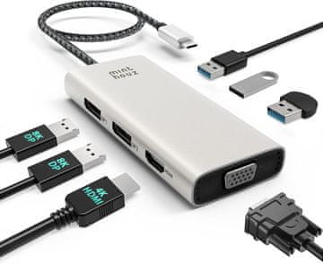 slomart Minthouz USB C priključna stanica 7-u-1: 4K HDMI, 8K DP, VGA, 3xUSB2.0. Za Dell/HP/Lenovo/Thinkpad, Mac/Windows/Android/iOS.