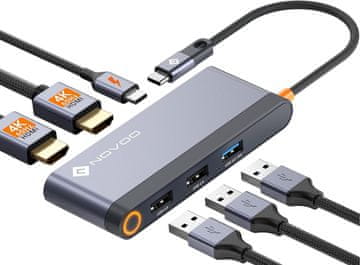 slomart NOVOO USB C priključna stanica - 4K@60Hz Dual HDMI, PD 100W, 3x USB-A. Za MacBook, Dell, HP, Lenovo, Surface. USB C Hub Adapter.