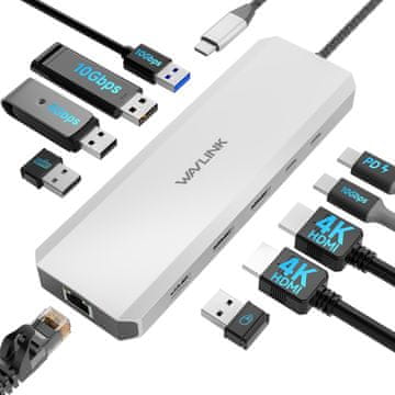 slomart WAVLINK priključna stanica za laptop - 10G USB C čvorište, dva HDMI, 100W PD, 10Gbps USB, Gigabit Ethernet, za Windows.